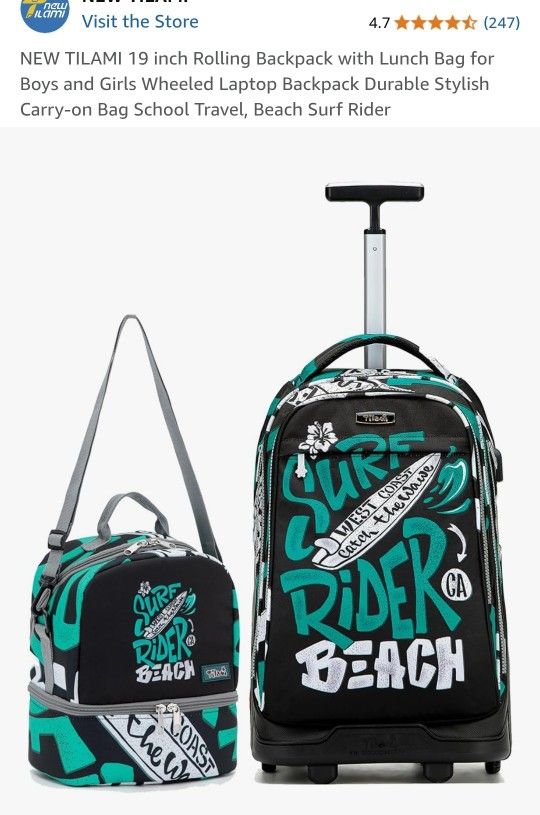 19in Rolling Backpack Boys Girls Lunch Bag Carry-on School Travel Beach Surf Rider