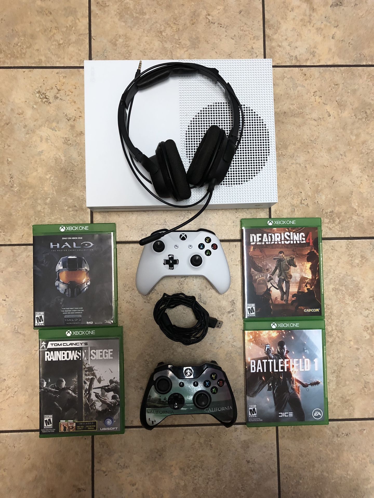 Xbox One S w/games, controllers, & headset