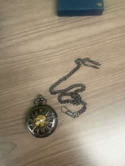 Steampunk Black Skeleton Mechanical Pocket Watch with Chain