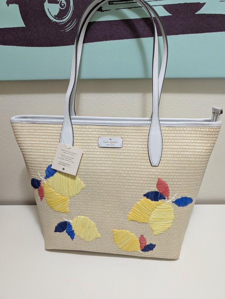 Kate Spade Ash Straw Lemon Zest Large Tote  Bag