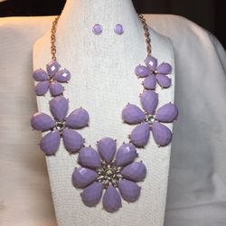 Lavender Floral Flowers Statement Rose Gold Necklace And Earrings Set