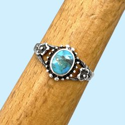 Vintage Style Solid Sterling Silver Turquoise Flower Ring - Sz 9