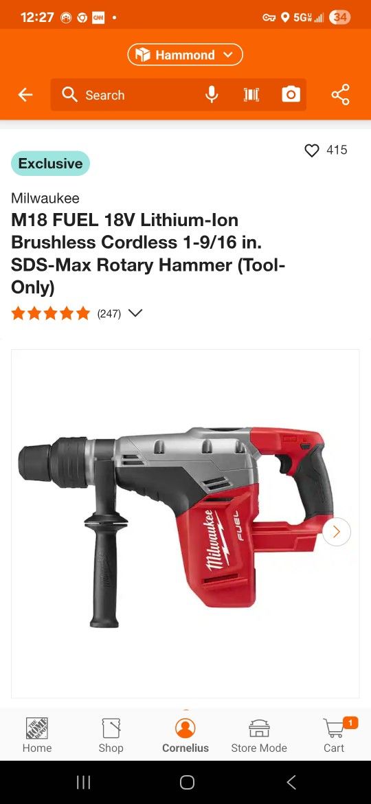 Milwaukee SDS ROTARY HAMMER CORDLESS OPEN BOX