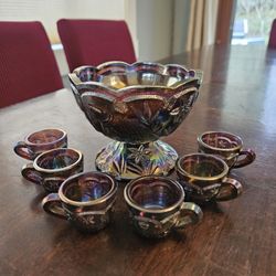 1978 Encore Trout Souvenir Carnival Glass Miniature Punch Bowl 7 Piece Set
