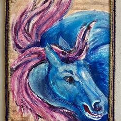 Watercolor HORSE Painting Framed Large Pink Blue Rope