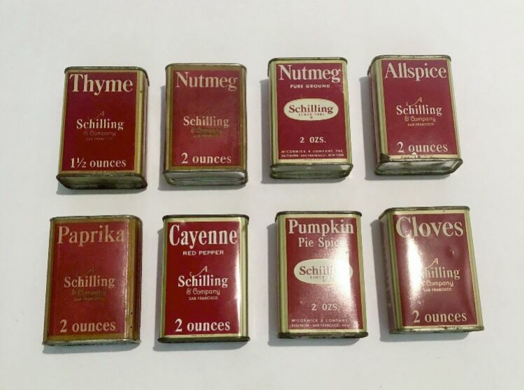 Vintage Lot of 8 Assorted Schilling Spice Tins