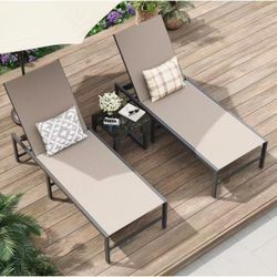 #T | Outdoor Chaise Lounge Set of 2 with Side Table 5-Position Adjustable Backrest Heavy-Duty Steel Frame Weather Resistant Color: Taupe 400 lbs Capac