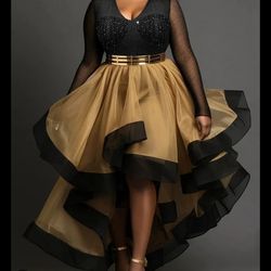 XPLUSWEAR Plus Size Black Gold High-Low Cocktail Dress