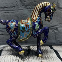 Vintage Chinese Cloisonne Prancing Galop Horse Figurine blue 4 1/4" Tall Brass