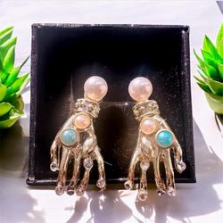 Vintage Gold-Plated Hand-Shaped Earrings with Faux Pearls and Rhinestones – 14K Gold Finish handmade 