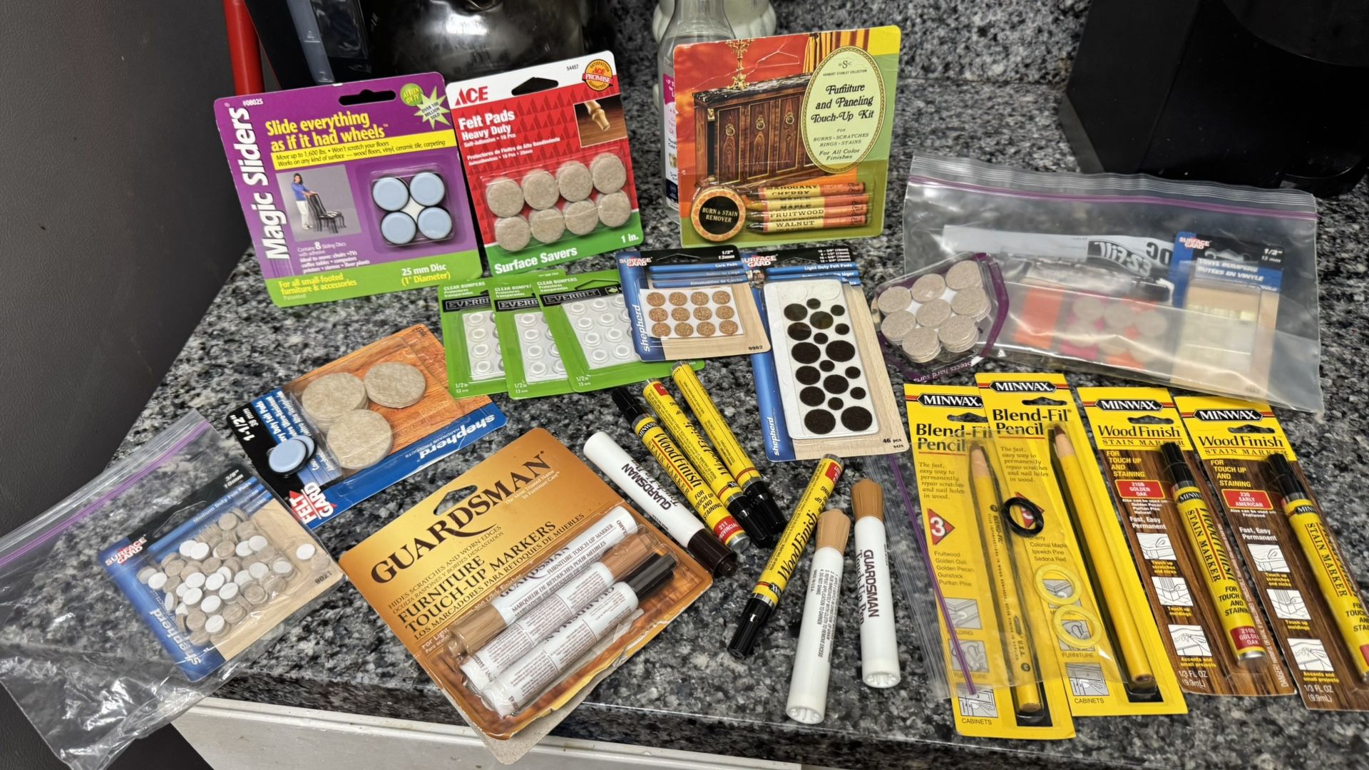 furniture care and surface protection products, including felt pads, furniture sliders, and wood touch-up markers and pencils. ✏️