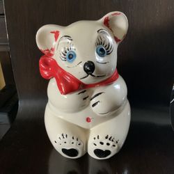 Vintage 1950s American Bisque Bear Cookie Jar  11”X 7”  Good Condition With Lots Of Paint 