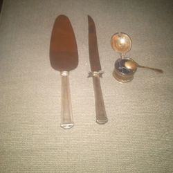 Sterling Silver Cake Knife Set And sterling Small Mustard With Sterling Spoon