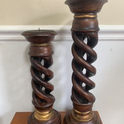 VINTAGE PAIR OF ORIENTAL ACCENT TALL CARVED WOODEN PEDESTAL PILLAR CANDLE HOLDER