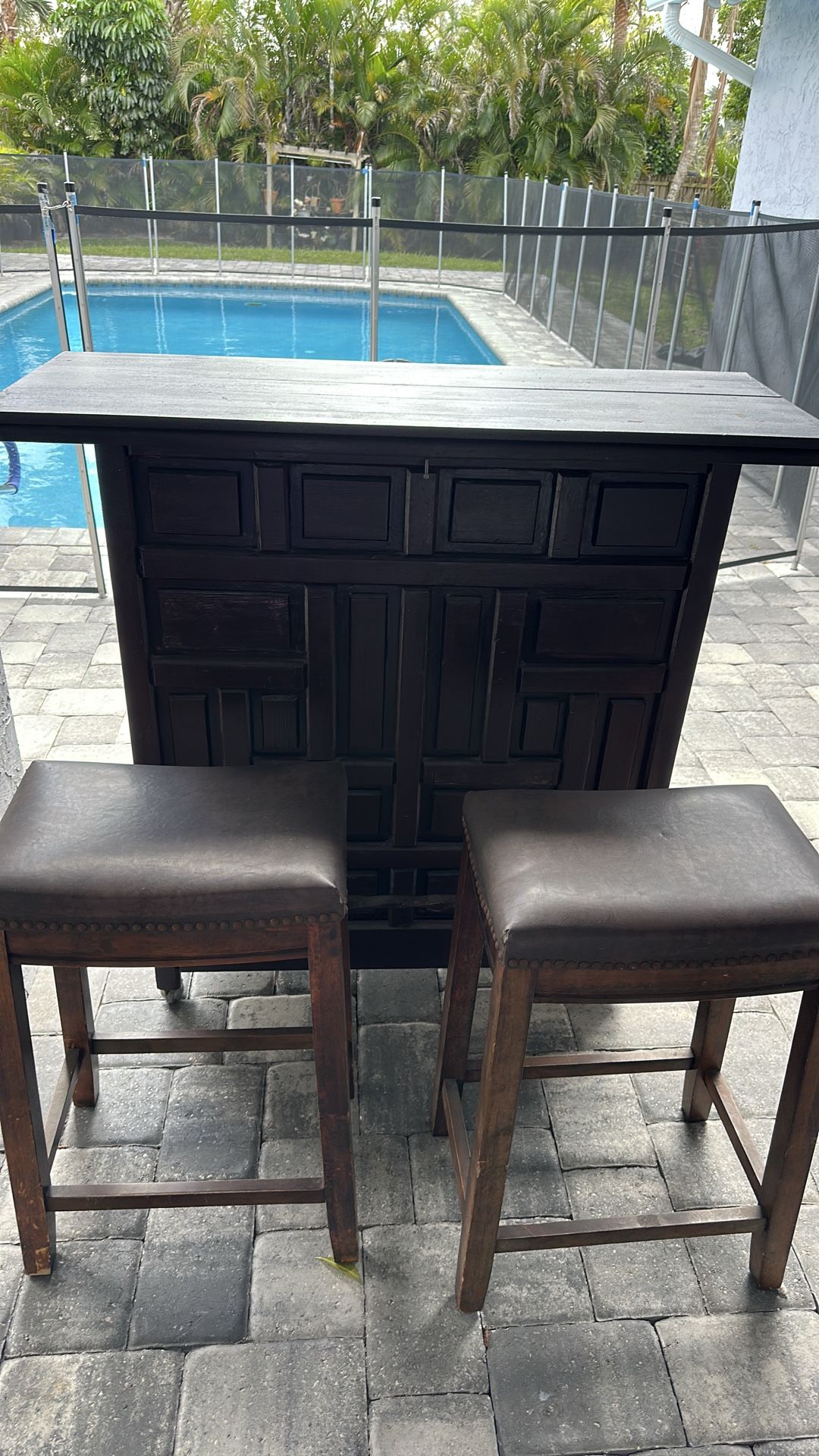 Solid wood outside bar with stools