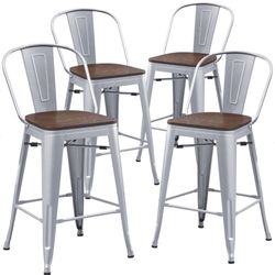 Metal Bar Stools Set of 4,24 inch Barstools Counter Height Bar Stools with Backs Farmhouse Bar Stools with Larger seat High Back Kitchen Dining Chairs