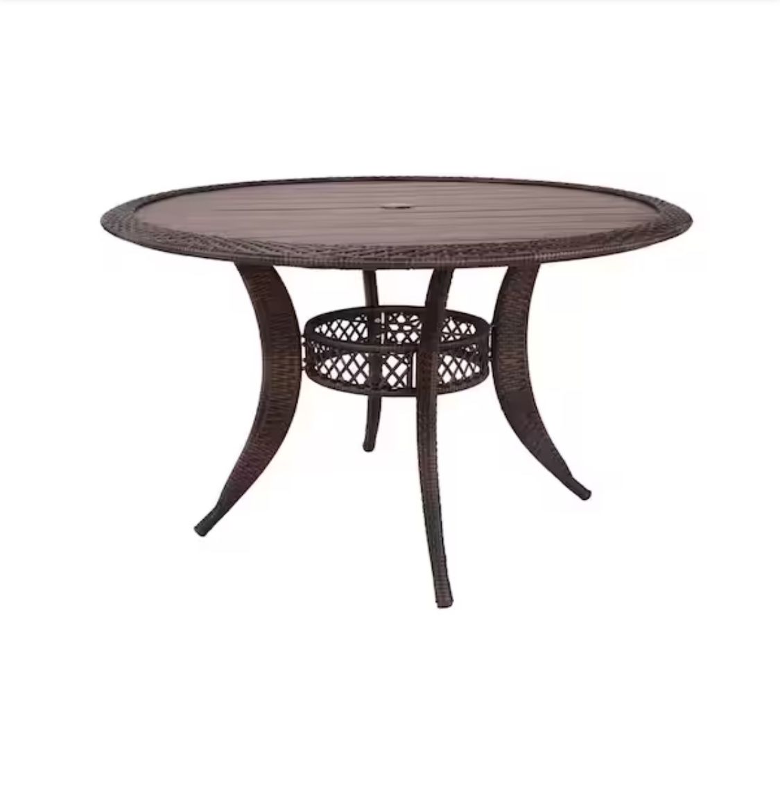 Hampton Bay Cambridge Brown Round Resin Wicker Outdoor Dining Table with Faux Wood Table Top