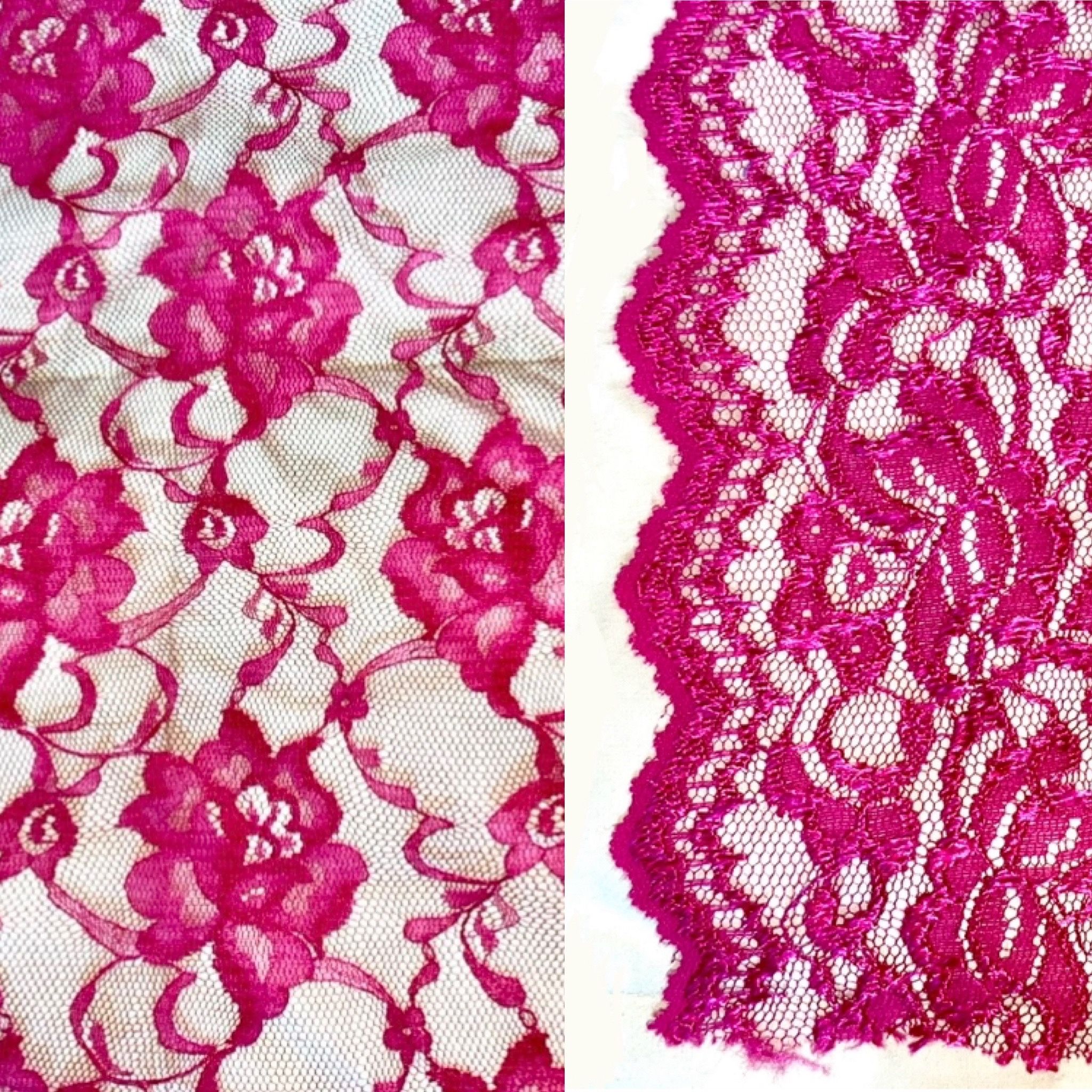Fuchsia Floral Raschel Lace Fabric Yd Scrap & Scalloped Trim 5”w x 3 Yd & 10.5”