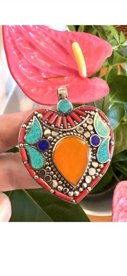 Stunning & Handcrafted Heart Shape Navajo Style Pendant With Amber,Coral Set In Silver 52grams
