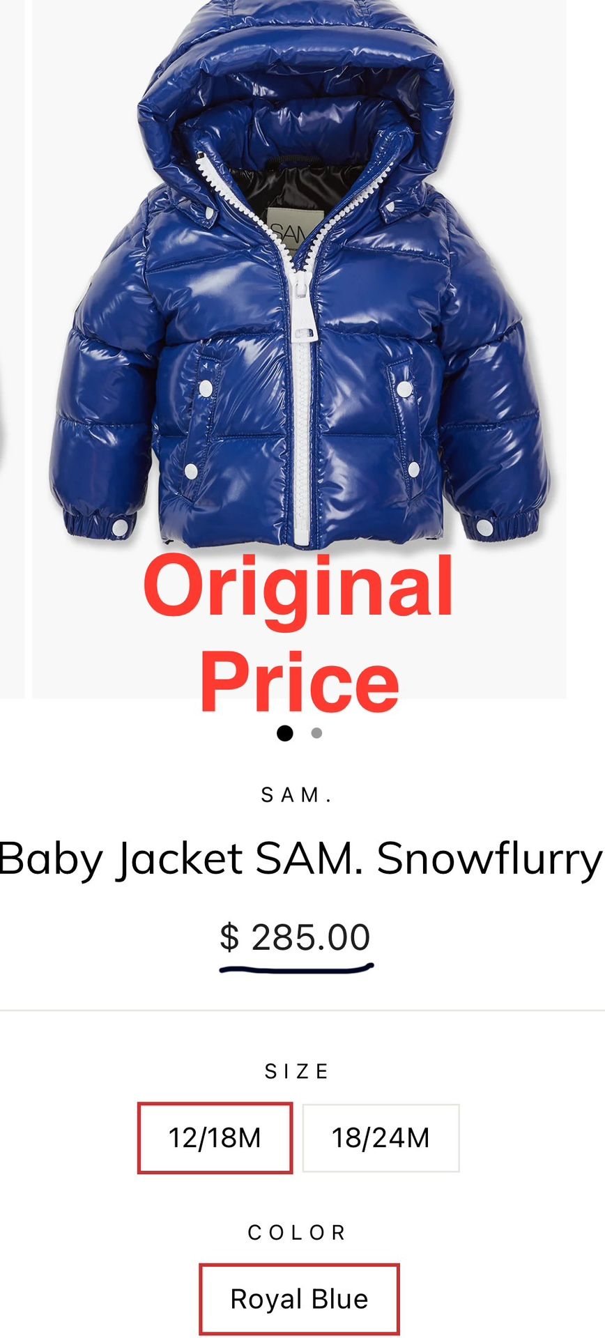 SAM. NEW YORK glossy royal blue infant coat 12-18 months(in perfect condition)