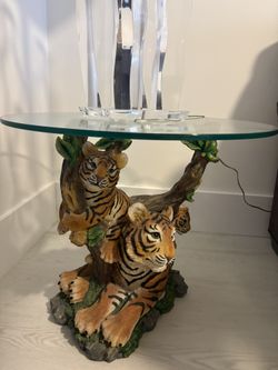Bengal Tiger Table With Round Glass Top. Design Toscano Safari Jungle Look. 