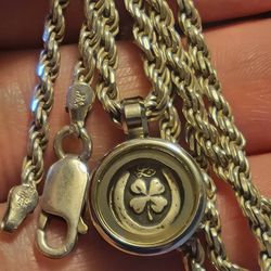 24" Rope Chain With Lucky Charm 4 Leaf Clover Pendant - 4mm Solid Sterling Silver 