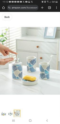 Blue Coral Bathroom Accessories Set Porcelain Coastal Bath Decor soap Dispenser Toothbrush Holder bumbler soap Dish
