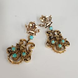 Vintage 14k Yellow Gold & blue Turquoise chandelier Stud Earrings