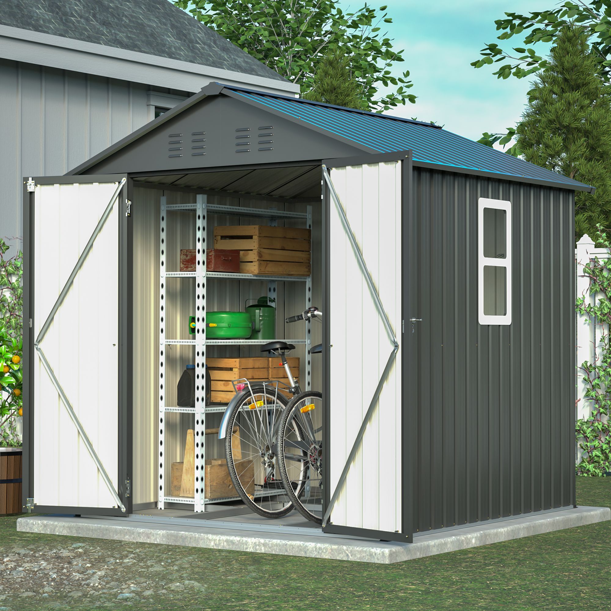 Outdoor Storage Shed 6 x 6 ft. Utility Tool Shed Metal Storage Garden Shed with Lockable Doors, Windows & Metal Frame Floor for Storage, Black
