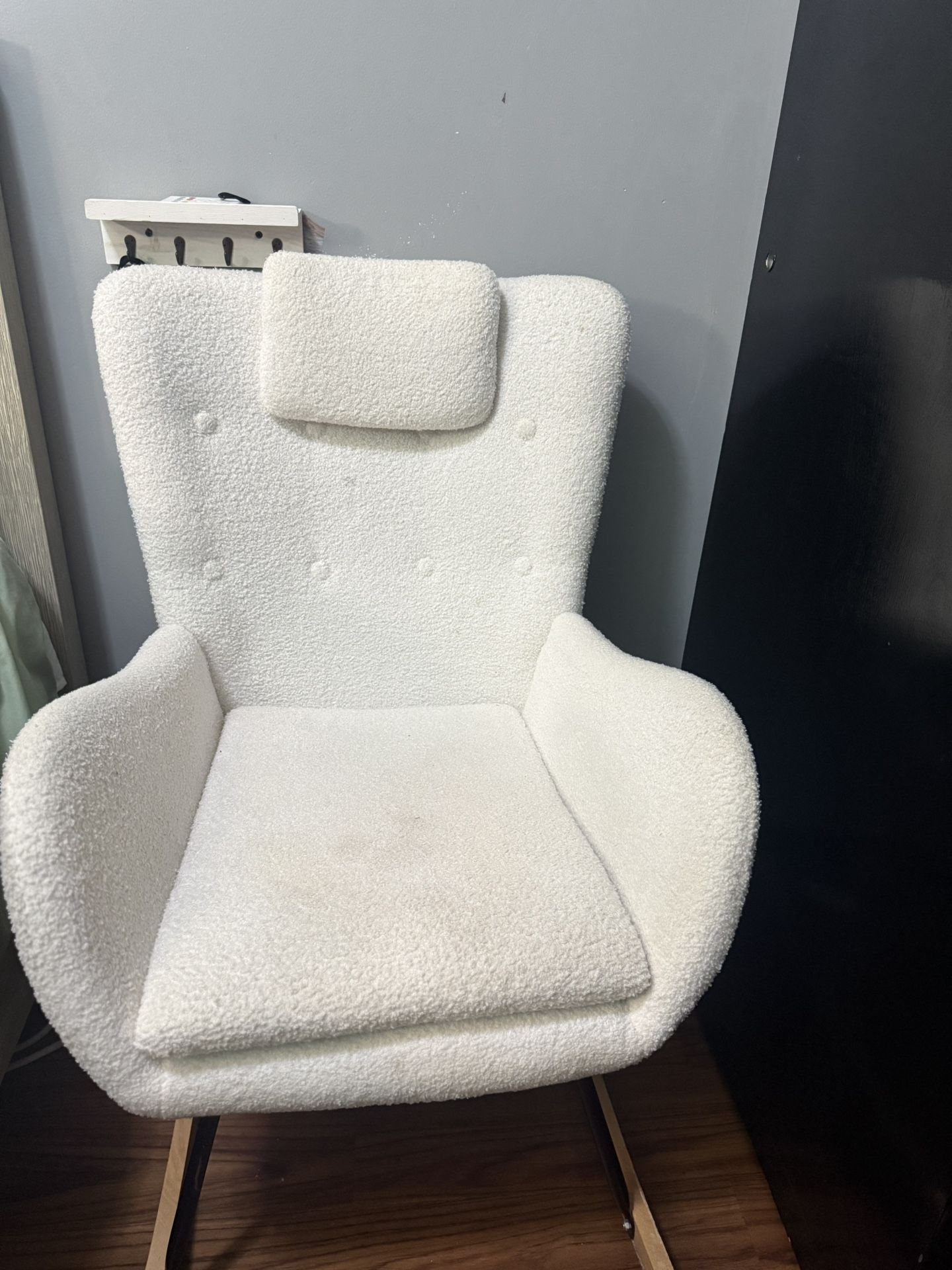 Nursery rocking chair, plush upholstered padded seat