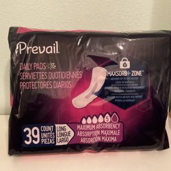 PREVAIL 39 count DAILY PADS long #5 maximun absorbency