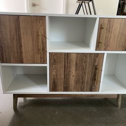 Woodgrain And White Low Cabinet Sidebar Bookcase Console 