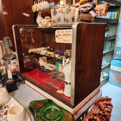 Vintage Wood and Glass Display Cabinet Tabletop Stone Base Shelf Restored with Modifications