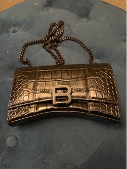 Balenciaga Hourglass Croc Embossed Black Leather Chain Crossbody Bag – Used