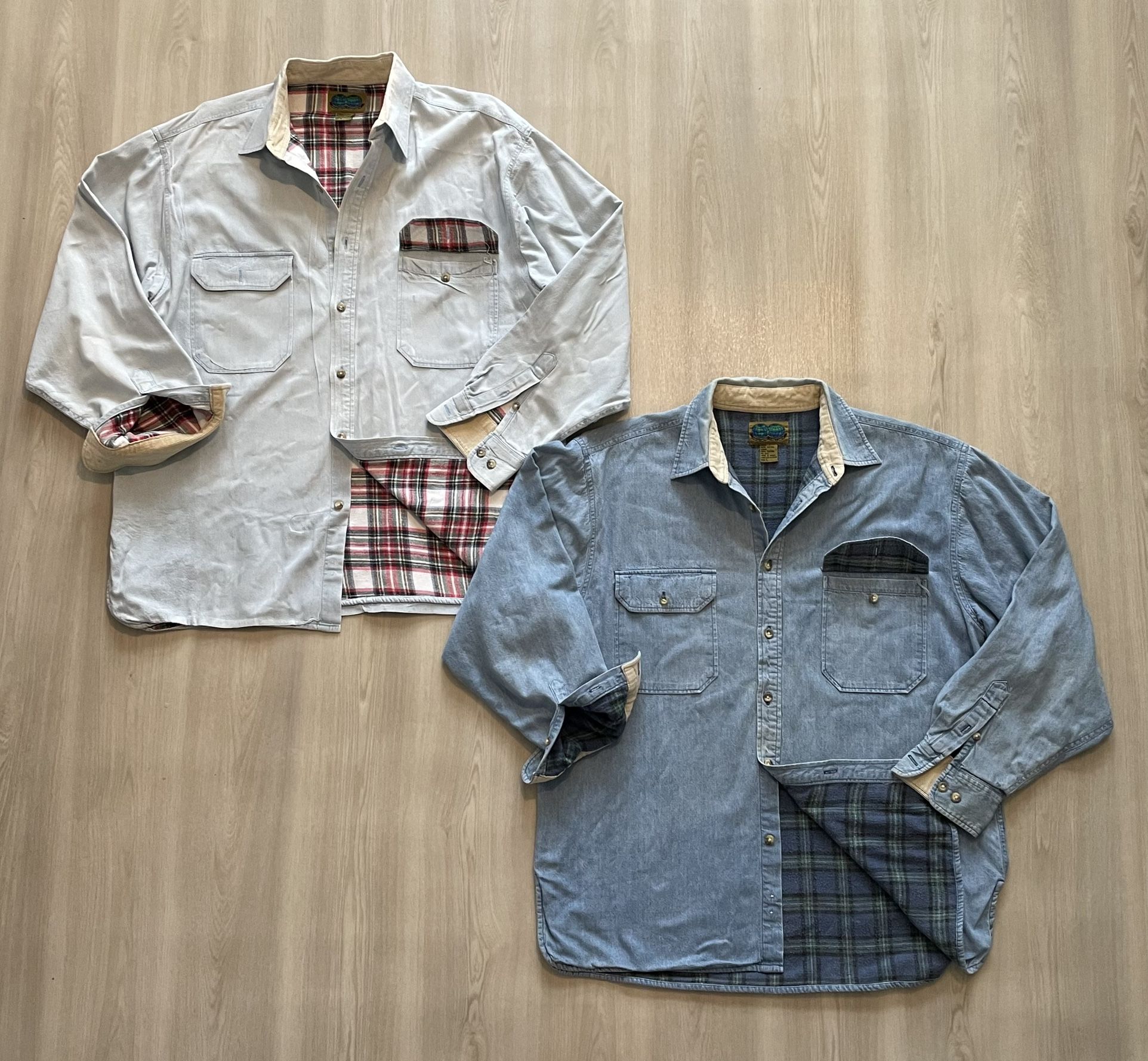 Lot Of 2 VTG 90s Native Habitat Planet Earth Plaid Lined Denim Shirt Sz Large