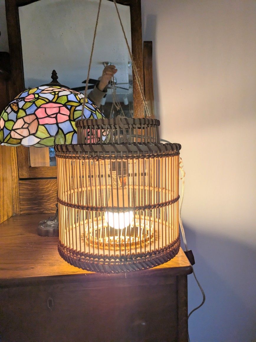 Vintage MCM Modern Wicker Hanging Lamp Plug In