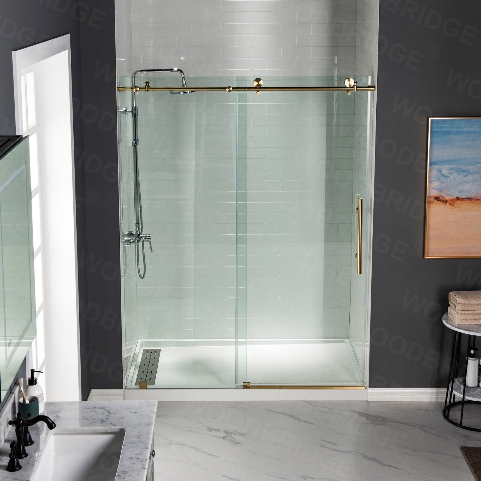 MBSDC6076-BG Frameless Shower Doors 56-60" Width x 76"Height with 3/8"(10mm) Clear Tempered Glass in Brushed Gold Finish