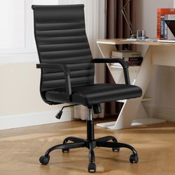 Office Chair, Ergonomic Executive Conference Room Chairs, Ribbed Leather Desk Chair with Lumbar Support, Adjustable Height Mid-Back Swivel Chair with 