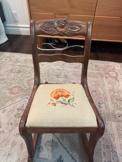 Miniature Antique Rocking Chair with Floral Needlepoint Seat