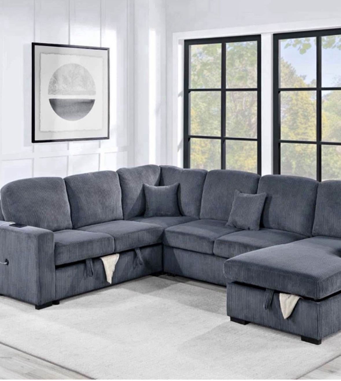 $649-4Piece Convertible Sectional Sleeper Sofa ,Chaise Storage ,Sofa Storage & USB Ports 98” x 103” x 61” x36”H