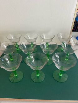 Set of 11 Antique Crystal Coupe Glasses Green Stems