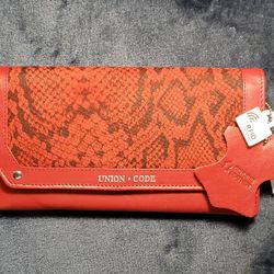 Red, Genuine Leather Clutch / Wallet. RFID Protection, 12 Card Slots, E.Z. Slide I.D. Pocket, Zipper Closure