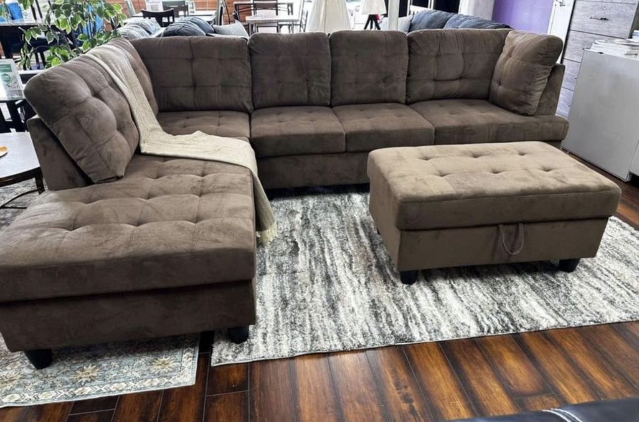 COSTCO Brown Chenille Sectional Couch And Ottoman
