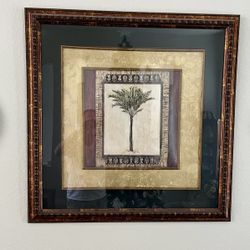 Wall Art Framed Prints Palm Tree Decor Set 2 w matching Ceramic Plates EUC