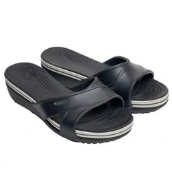 women’s Crocs black & white slide wedge heel sandals - size 9