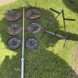 Olympic weights 2x45, 2x35 and 2x25 lbs with 7 Ft 45 lb barbell STORAGE TREE INCLUDED