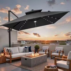 Double Top 11 ft. x 9 ft. Rectangular Aluminum 360° Rotation Solar LED Lighted Cantilever Patio Umbrella in Black