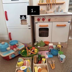 Hape kitchen set, wooden fridge, melisa and doung wooden food, cuting wood food set, ikea food basket,…..