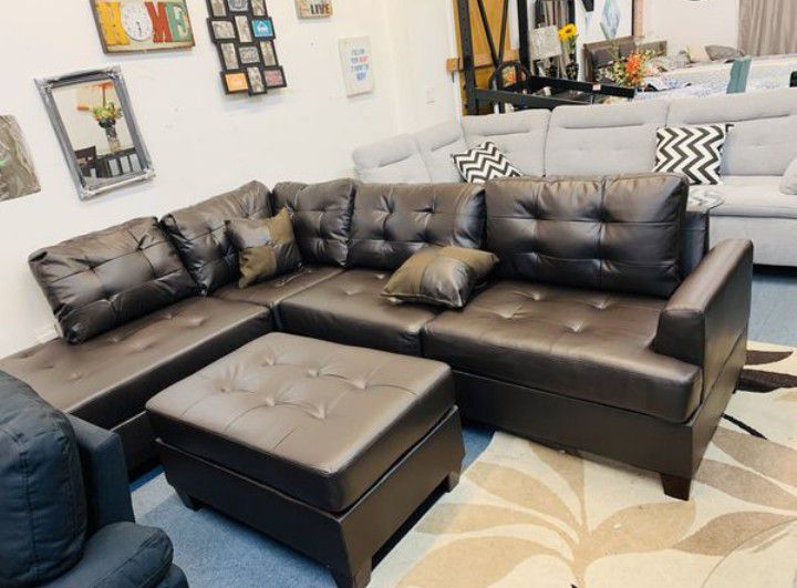 Brand New Espresso Color Faux Leather Sectional Sofa Couch +Ottoman 
