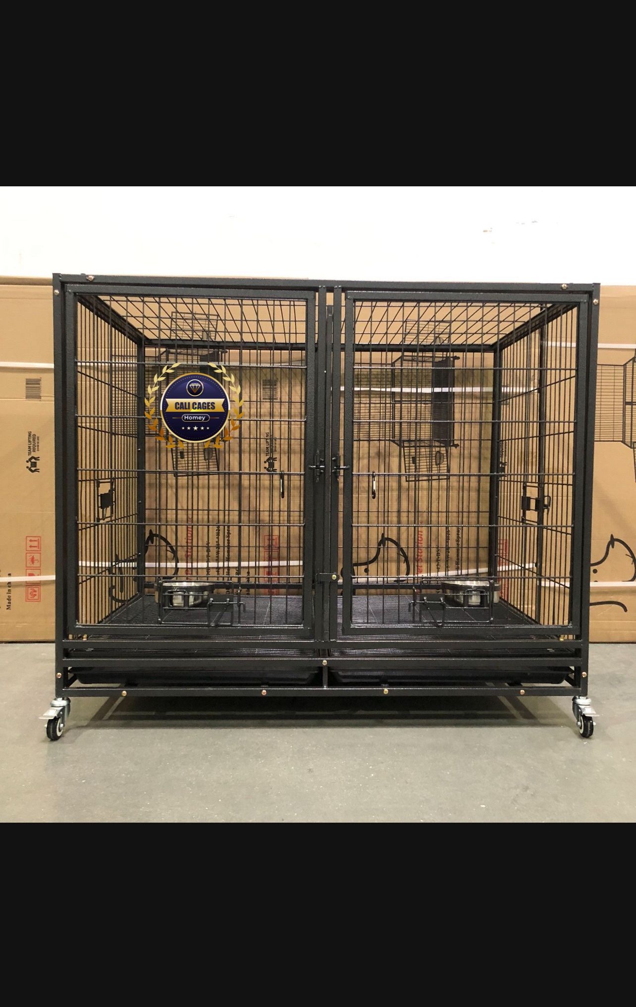 Dog Pet Cage Kennel Size 43” Large With Divider And Feeding Bowls